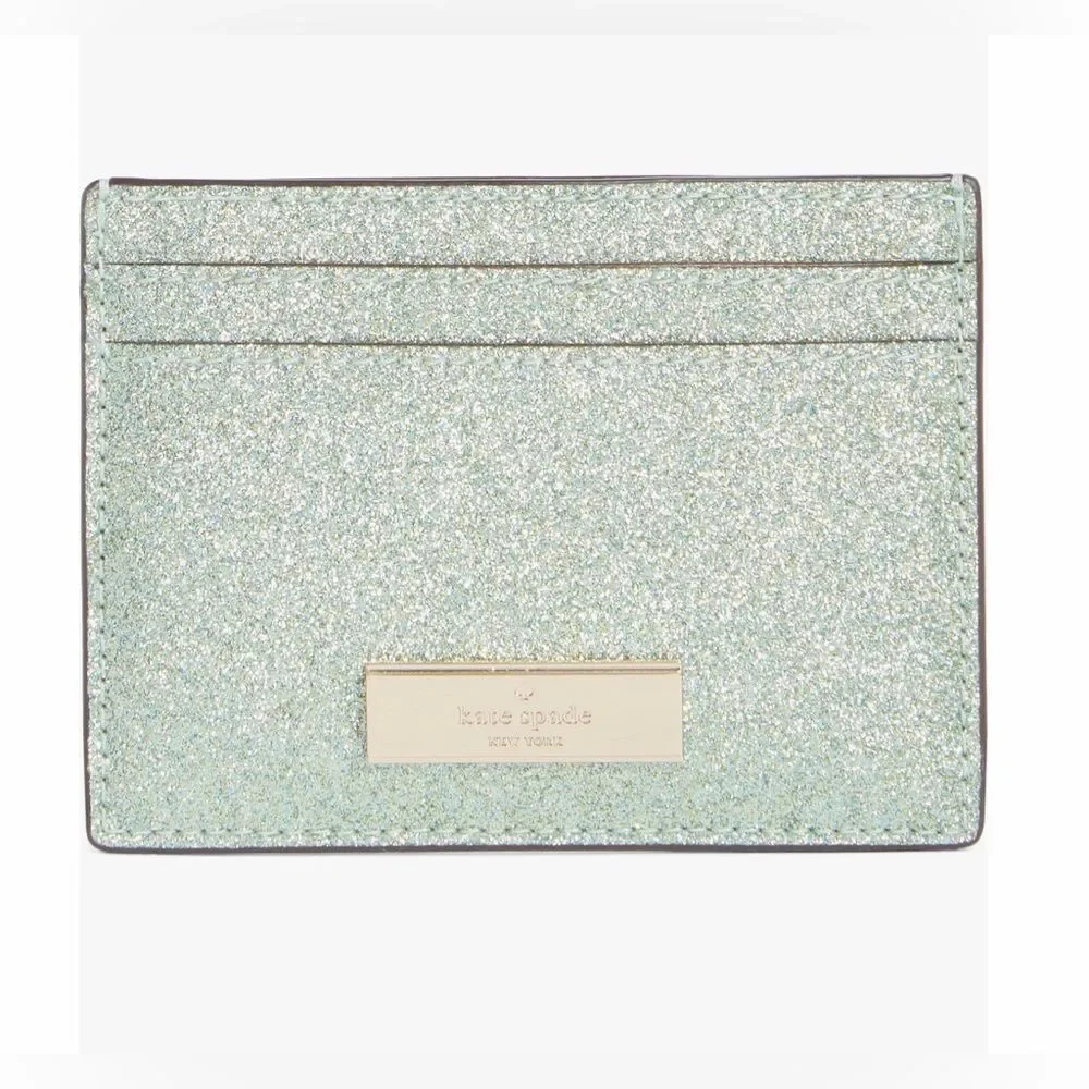 Kate Spade New York Sparkle Kenzie Glitter Card Case Seawater Mint Green OS NIB